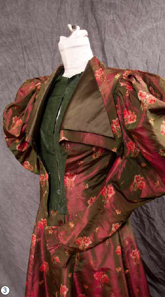 A grande dame of a silk taffeta dressdemands attention. As it happens, it speaks French: a label inside the waist belt reads “A. Felix Breveté / Faubourg St. Honoré /Paris.” Breveté means patented, but this design’s silhouette became the rage in the 1890s. Puffed shoulders and ballooning upper sleeves made waists look smaller by contrast, an illusion that returned in the 1980s, as relics in my own closet attest.