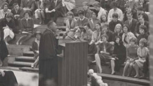The Rev. Dr. Martin Luther King, Jr. speaks in Gettell Amphitheatre on October 20, 1963. Photo courtesy of MHC Archives/Vincent S. D’Addario