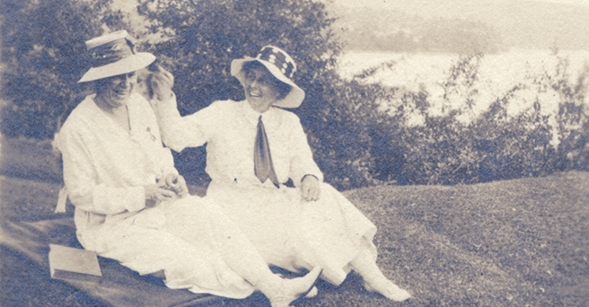 Mary Woolley, left, and her partner, Jeannette Marks, on a hillside, circa 1930s