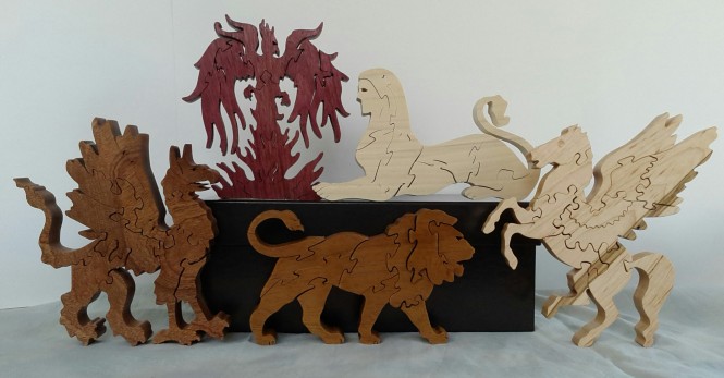 Wooden Mascot Puzzles: Lion, Pegasus, Sphinx, Griffin, and Phoenix