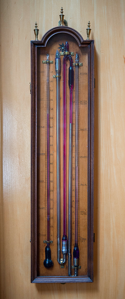 Multi-tube Barometer and Spirit Thermometer Ca. 1790, rounded mahogany and fruitwood case, glazed front panel, and brass and ivory fittings, English, Torre