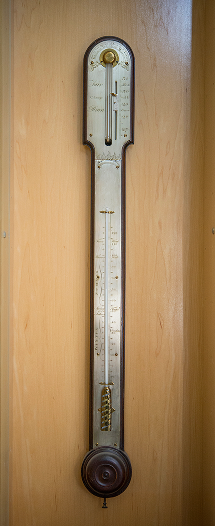 Stick Barometer with bayonet cistern tube and Fahrenheit thermometer Ca. 1770, mahogany case with silvered scale and brass fittings, English, George Adams I (b. ca. 1704-d. 1772) Fleet Street, London