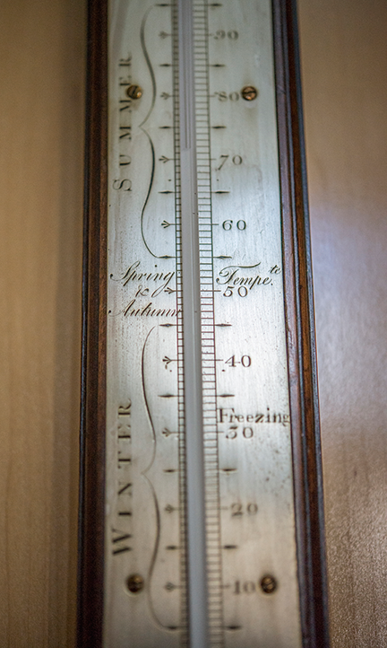 Stick Barometer with bayonet cistern tube and Fahrenheit thermometer (detail) Ca. 1770, mahogany case with silvered scale and brass fittings, English, George Adams I (b. ca. 1704-d. 1772) Fleet Street, London
