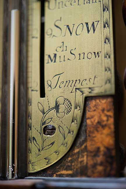 Stick Barometer (detail) Ca. 1690, walnut with veneered mulberry wood panel and brass scale and fittings, English, Thomas Heath