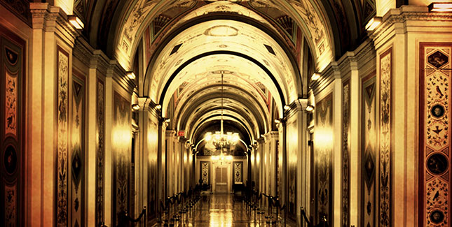 The ornately decorated Brumidi Corridors on the first floor of the Senate wing in the United States Capitol 