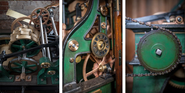 The machinery of the clock in the fifth level of the tower.