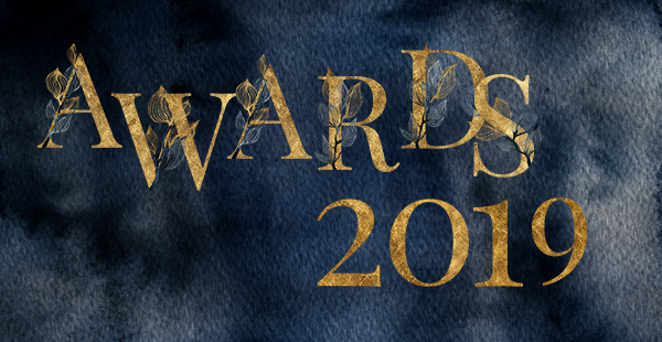 Gilded text reads "Awards 2019" over a dark blue cloudy metallic background.