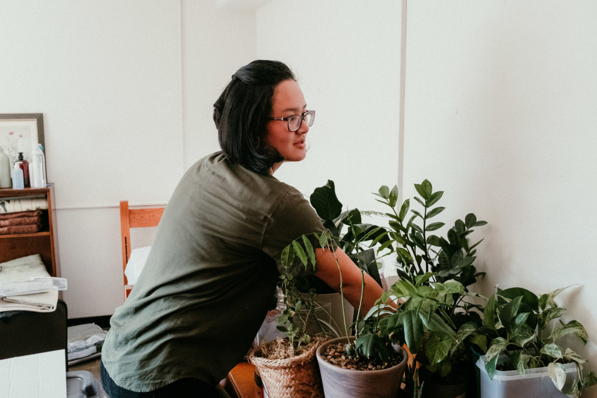 A student arranges several potted plants that are sitting on their desk.