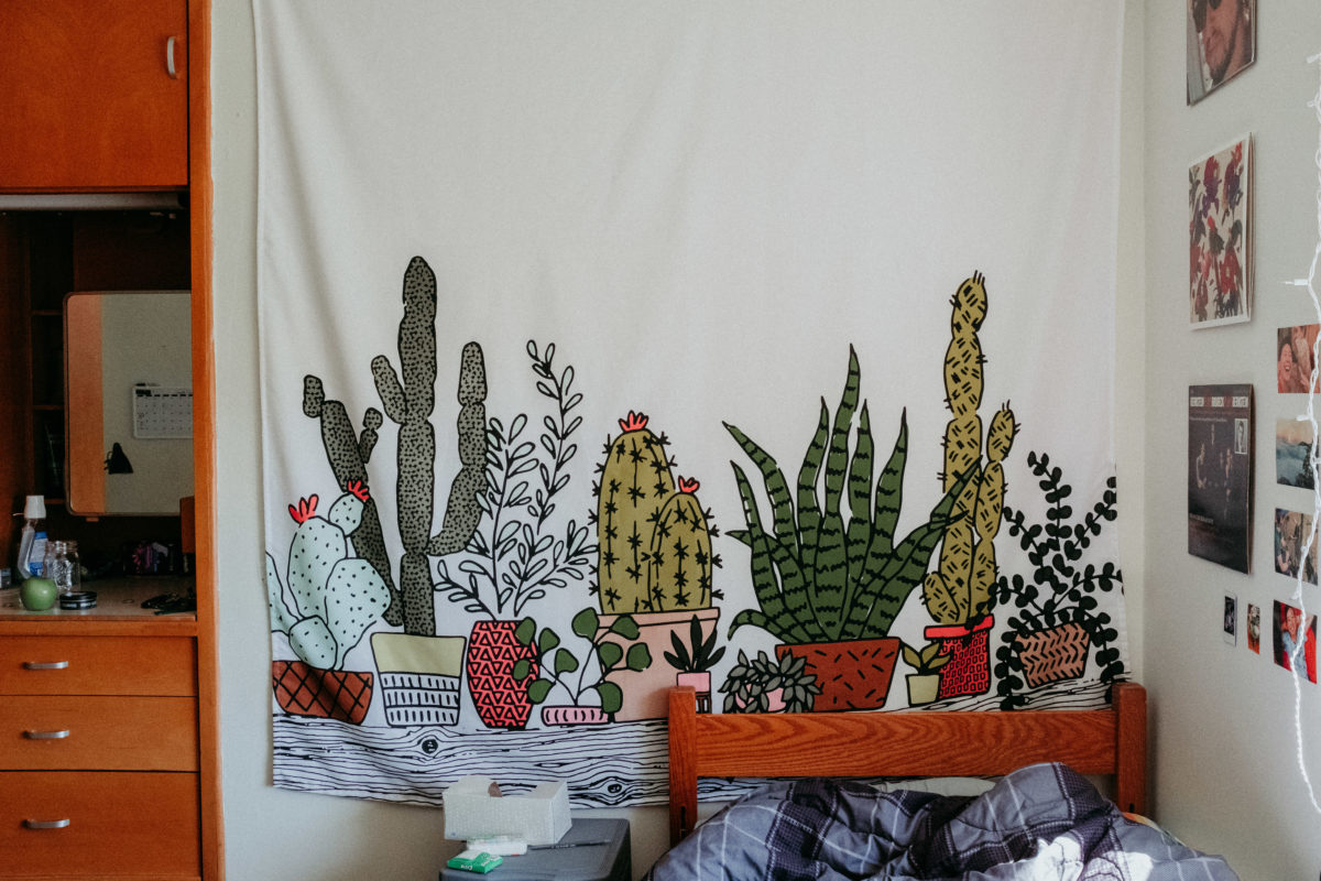A wall tapestry with a white background and illustrations of succulents hangs inside a student room in Abbey Hall,