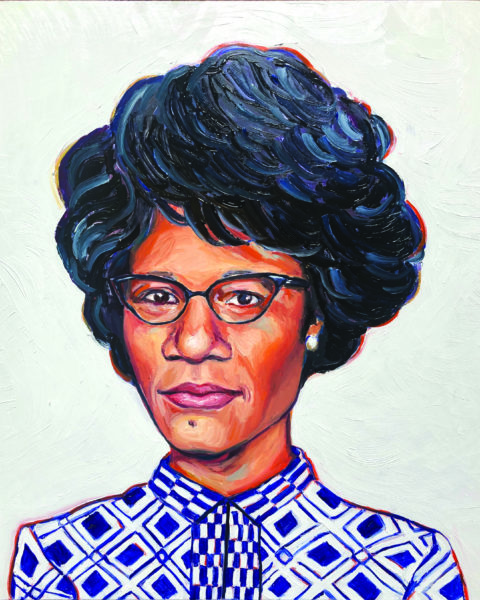 An oil painting portrait of Shirley Chisholm from the shoulders up. She looks directly at the viewer.